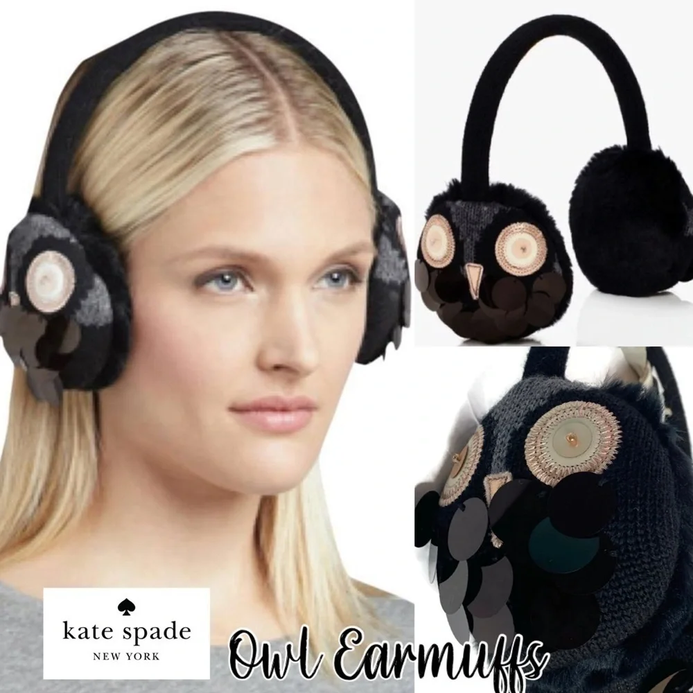 Kate Spade Owl Earmuffs in Box NWT Black Sequins